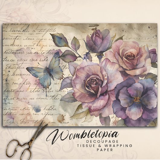  Roos en vlinder op oude script ontkoppeling Tissuepapier