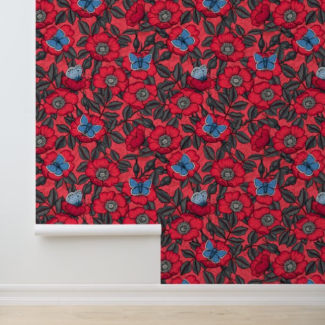Roos en vlinders in rood en blauw behang (Applicatie)