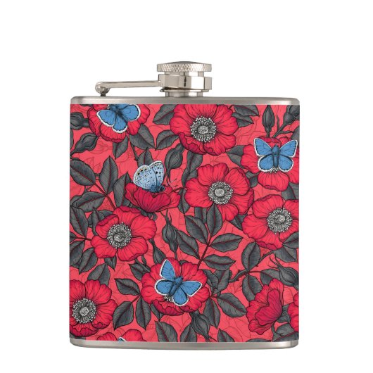 Roos en vlinders in rood en blauw heupfles (Voorkant)