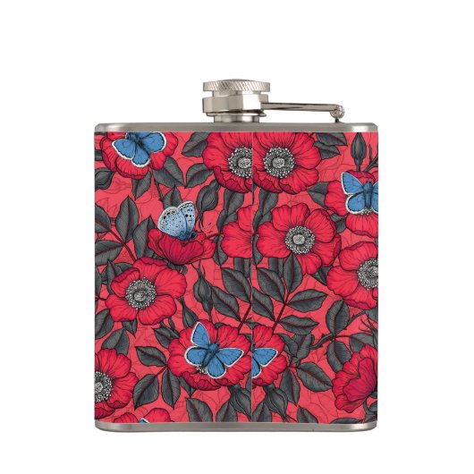 Roos en vlinders in rood en blauw heupfles (Achterkant)