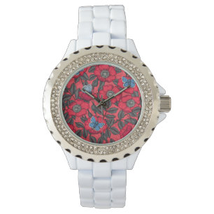 Roos en vlinders in rood en blauw horloge