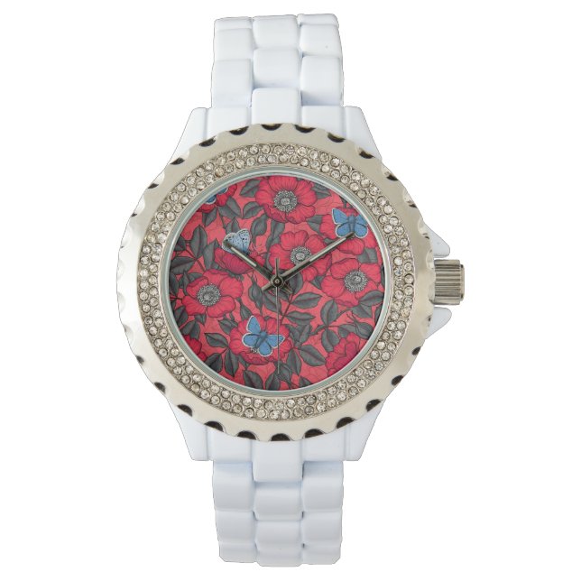 Roos en vlinders in rood en blauw horloge (Voorkant)
