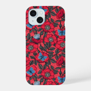 Roos en vlinders in rood en blauw iPhone 15 hoesje