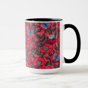 Roos en vlinders in rood en blauw mok