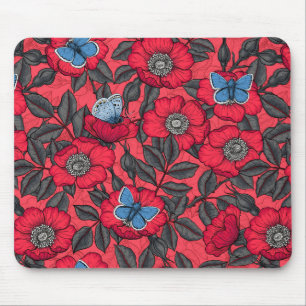 Roos en vlinders in rood en blauw muismat