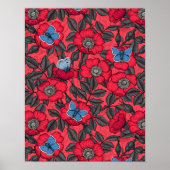 Roos en vlinders in rood en blauw poster (Voorkant)
