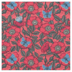 Roos en vlinders in rood en blauw stof