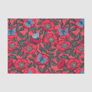 Roos en vlinders in rood en blauw tissuepapier