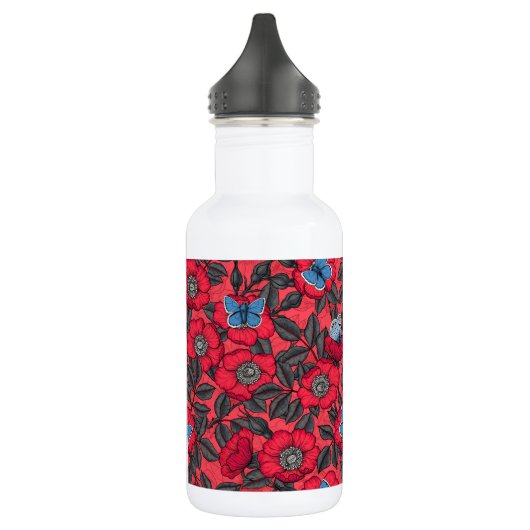 Roos en vlinders in rood en blauw waterfles  (Links)