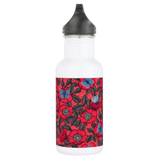 Roos en vlinders in rood en blauw waterfles  (Rechts)