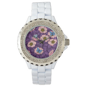 Roos en vlinders in roze en paarse horloge