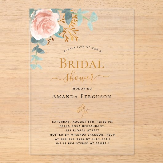 Roos eucalyptus blush vrijgezellenfeest acryl uitnodigingen (Voorkant)