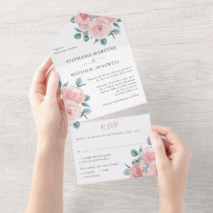 Roos Eucalyptus Elegant Floral Wedding All In One Uitnodiging