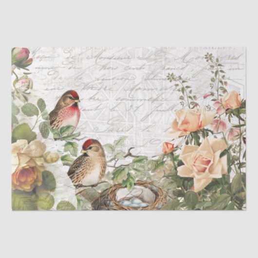 Roos Flora Bird Nest Pink French Script Decoupage Tissuepapier (Voorkant)