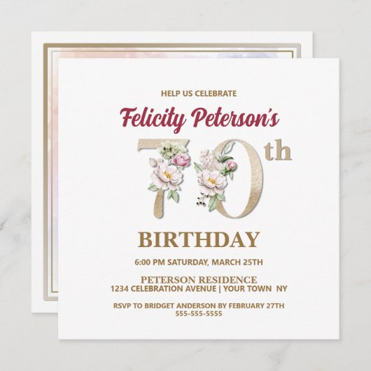 Roos Floral F 70th Birthday Party Invitation Kaart (Voorkant / Achterkant)