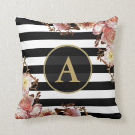 Roos Floral Gold Monogram Zwart Wit Streep Kussen