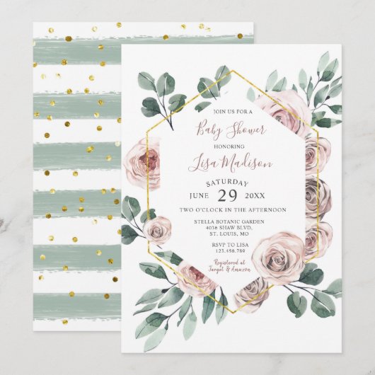 Roos Floral Greenery Baby shower Invitation Kaart (Voorkant / Achterkant)