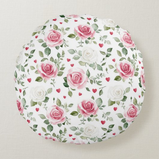 Roos Floral Hearts Rond Kussen (Voorkant)