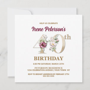 Roos Floral I 40th Birthday Party Invitation Kaart