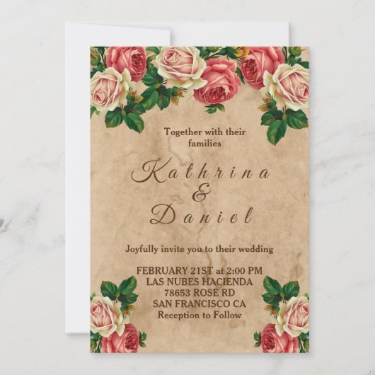 roos floral old paper bruiloft uitnodiging (Voorkant)