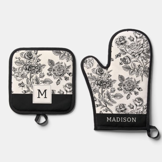  Roos Floral Pattern Ovenwant & Pannenlap Set (Voorkant)