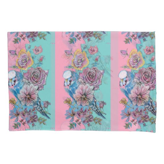 Roos Floral Rozen Budgie Bird Womans Pink Aqua Kussensloop (Voorkant)