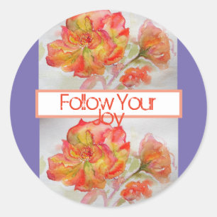 Roos Floral Waterverf Sinaasappel Volg je Joy Ronde Sticker