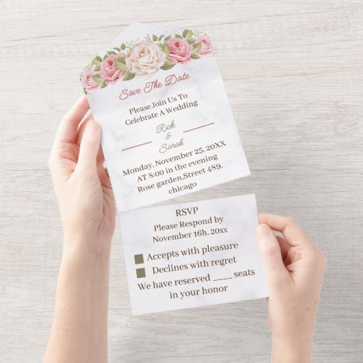 Roos Flower Gepersonaliseerd de datum opslaan All In One Uitnodiging (Afscheurbaar)