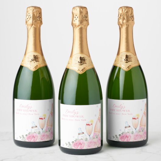 Roos Flower Poppin Champagne Bottles Baby shower Sparkling Wijnetiket (Flessen)
