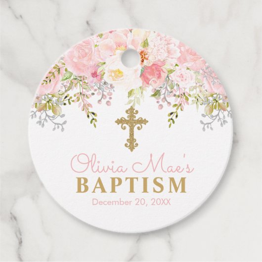 Roos Garden Girl Baptism Roze foto's met gunstige Bedankjes Labels (Voorkant)