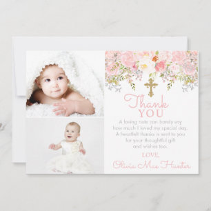 Roos Garden Girl Baptism Twee foto Dank je wel Bedankkaart