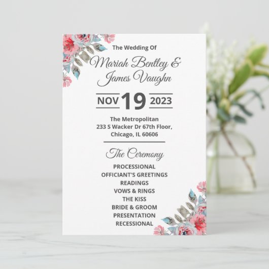 Roos Garden Wedding Program Breide Kaart (Staand voorkant)