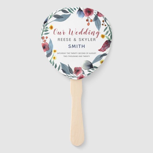 Roos, geel en Blu Waterverf Floral gewoon getrouwd Handwaaier (Voorkant)