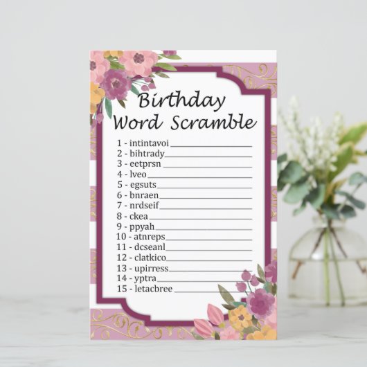 Roos gestripte 'Birthday' Word Scramble Game (Staand voorkant)