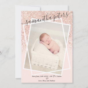 Roos Glitter blush roze moderne foto baby geboorte Aankondiging
