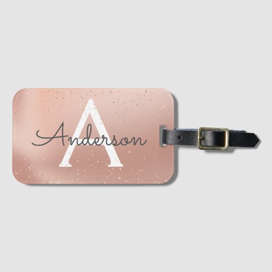 Roos Glitter Monogram Naam Bagagelabel (Voorkant (horizontaal))