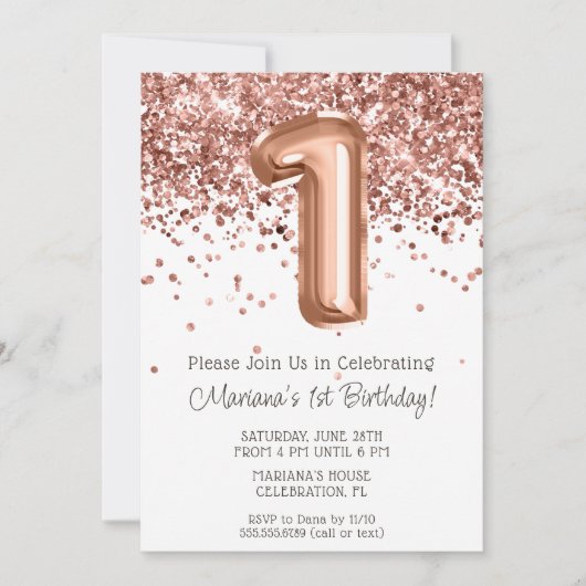 Roos Gold 1e Verjaardagsfeestuitnodiging Kaart (Voorkant)