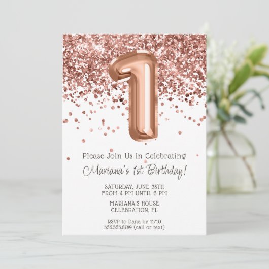 Roos Gold 1e Verjaardagsfeestuitnodiging Kaart (Staand voorkant)