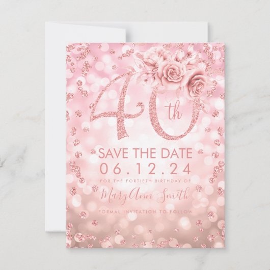 Roos Gold 40e verjaardag Glam Licht sparen de datu Save The Date (Voorkant)