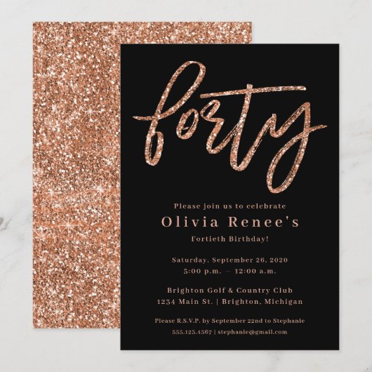 Roos Gold 40th Birthday Invitation Sjabloon Kaart (Voorkant / Achterkant)