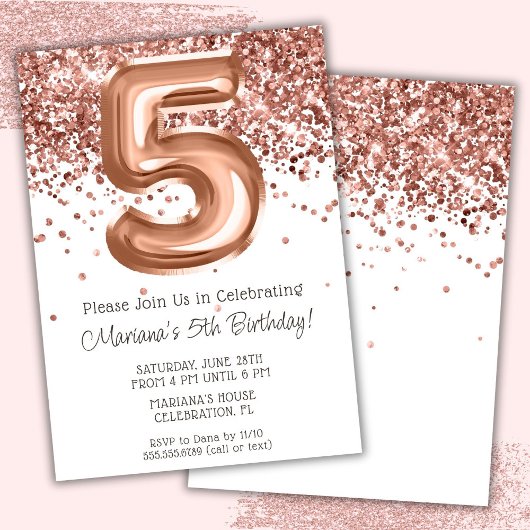 Roos Gold 5e verjaardagsfeestuitnodiging Kaart