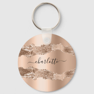 Roos gold agate marmer name script sleutelhanger