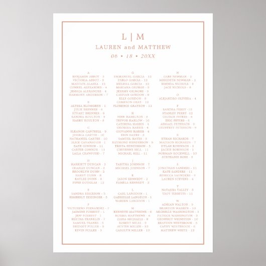 Roos Gold Alfabetical Wedding Seating Chart Poster (Voorkant)