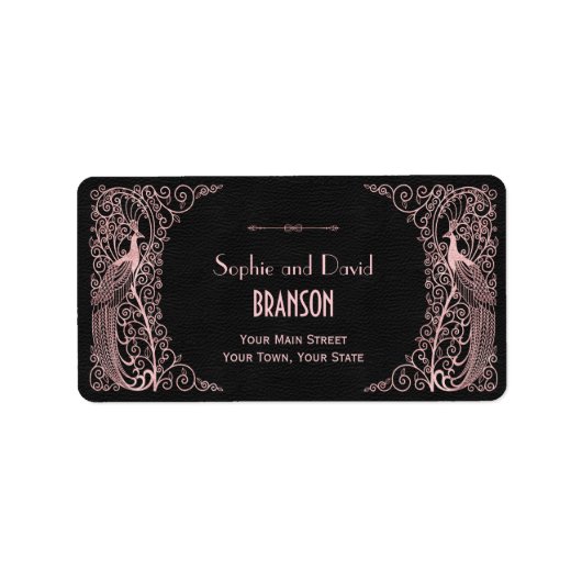 Roos Gold Art Deco Peacocks Black Wedding Etiket (Voorkant)