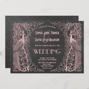 Roos Gold Art Deco Peacocks Black Wedding Invite Kaart