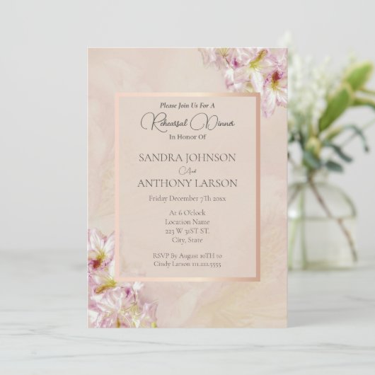 Roos Gold Azalea Huwelijksrepetitie Uitnodiging (Staand voorkant)