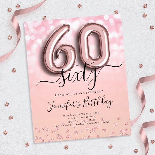 Roos Gold ballon Glitter 60th Birthday Invite Flyer