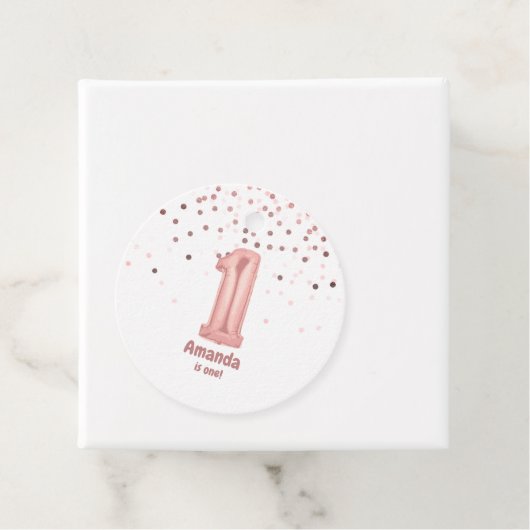 Roos Gold Balloon Confetti 1e verjaardag Bedankjes Labels (In situ)