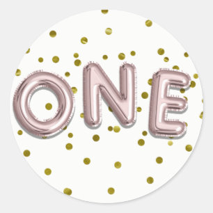 Roos Gold Balloons Confetti 1e verjaardag Ronde Sticker