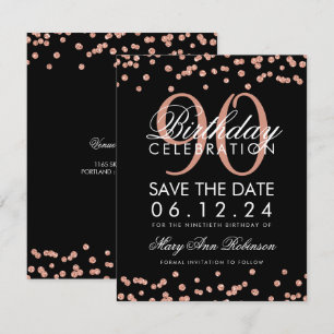 Roos Gold Black 90th Birthday Save Date Confetti Kaart